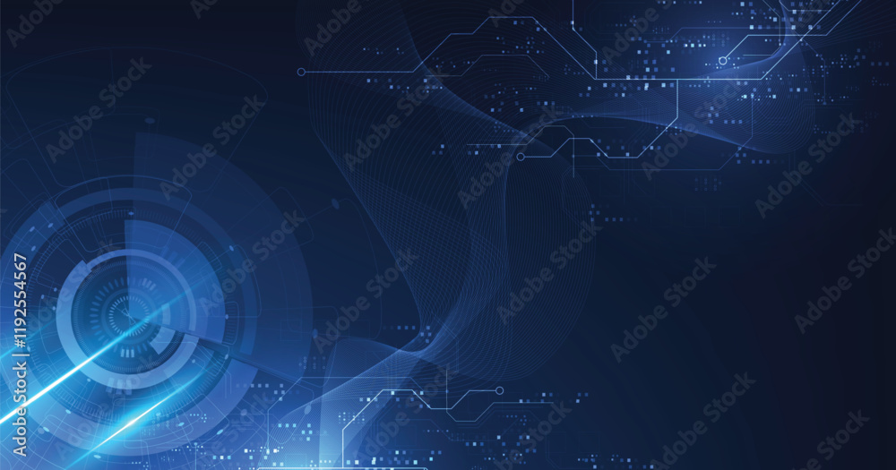 Poster Digital electric circuit circle background.Image electric circuit on dark blue background.High tech circuit board connection system concept.	