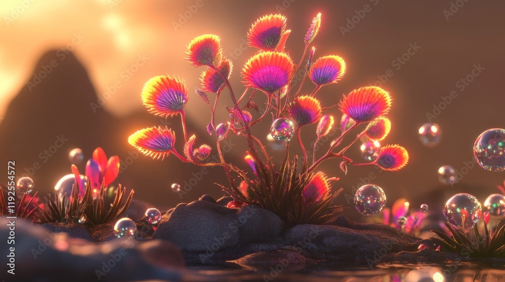 Wall mural Vibrant surreal plant with iridescent bubbles near water, sunset backdrop.