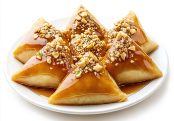 Delicious dessert pastries topped with syrup and crushed nuts served on a white plate