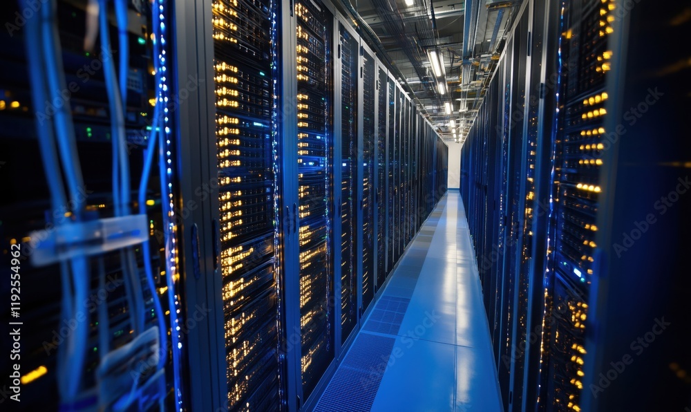 Poster data center with rows of server racks illuminated by blue lights, showcasing advanced technology and