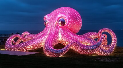 Fototapeta premium Illuminated Octopus Sculpture Near Ocean at Night