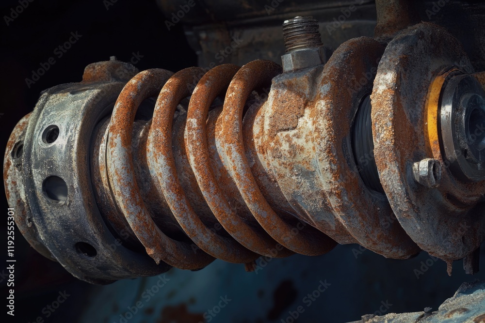 Poster A close-up view of a rusty pulley on an old train, ideal for use in historical or industrial settings
