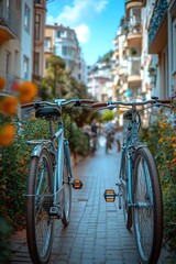 Obraz premium A couple of bicycles parked next to each other on a city sidewalk