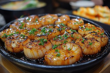 Seared scallops with chives on hot plate, restaurant setting, blurred background dishes