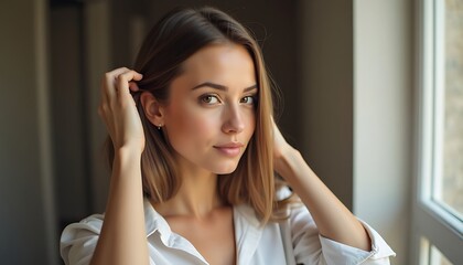 Obraz premium A young woman is styling her brown hair