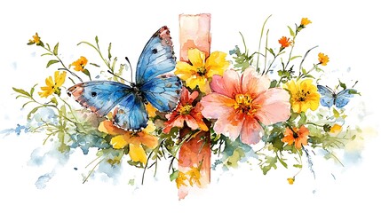 Fototapeta premium Watercolor painting of a vibrant floral arrangement featuring blue morpho butterflies and wildflowers.