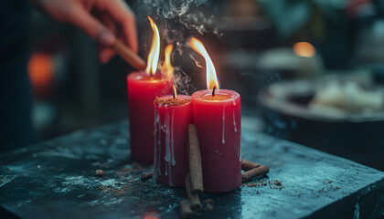 Preparation of a red candle with ground cinnamon, witch on the eve of all saints' eve performing a love ritual, Halloween, spiritual beliefs, white magic