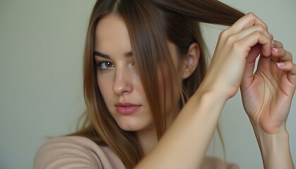 Fototapeta premium A young woman is styling her brown hair