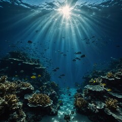 Naklejka premium Abstract image of Tropical underwater dark blue deep ocean wide nature background with rays of sunlight.