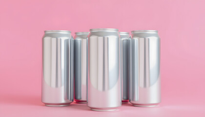Silver metal energy drinks cans on pink background, realistic, with white tones