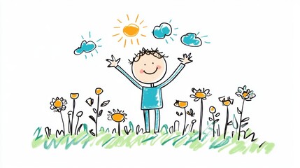 Cheerful child enjoying nature in a sunny field with flowers and clouds illustrated in a playful style