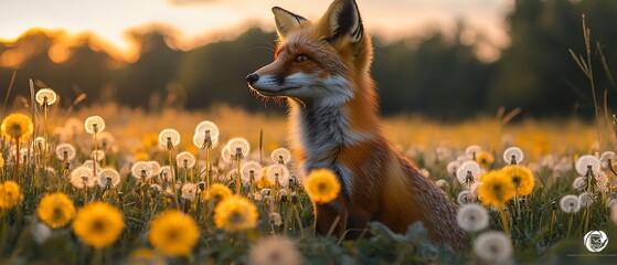 Red fox sunset dandelion field. Wildlife nature image