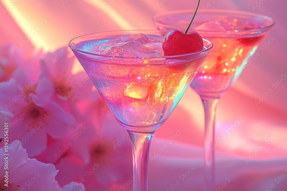 Poster a pair of glasses filled with ice and featuring a single cherry, perfect for a romantic evening or a