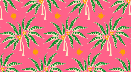 pink green palm trees and sun vintage style seamless pattern