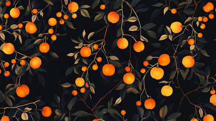 A deep, matte black wallpaper with a sparse pattern of persimmon silhouettes, their orange glow subtle.