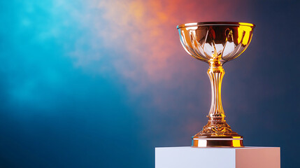A classic golden trophy on a blue background, symbolizing success, achievement, and recognition in competitions, championships, and various events
