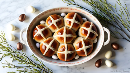 Homemade Easter Hot Cross Buns with Chocolate Eggs, a home baking concept, Traditional British Dishes, traditional easter pastries, created with generative ai