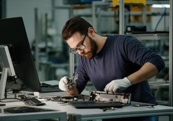 Technician Repairing Laptop in Workshop