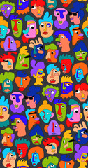 Fototapeta premium abstract fun colorful cubism style whimsy people faces seamless pattern on dark background, vector illustration repeat design print