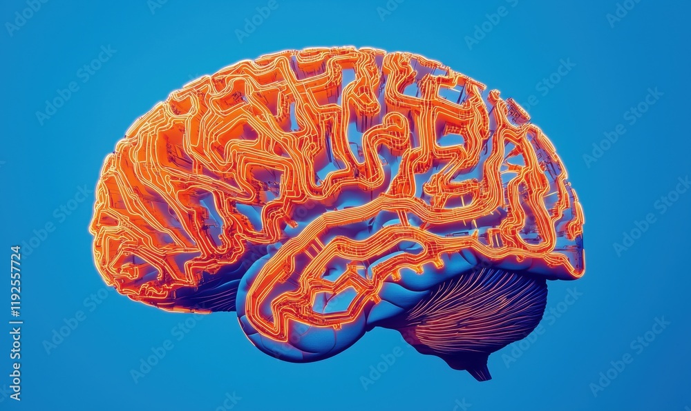 Poster neon brain illustration with circuit patterns representing neural connections and technology integra