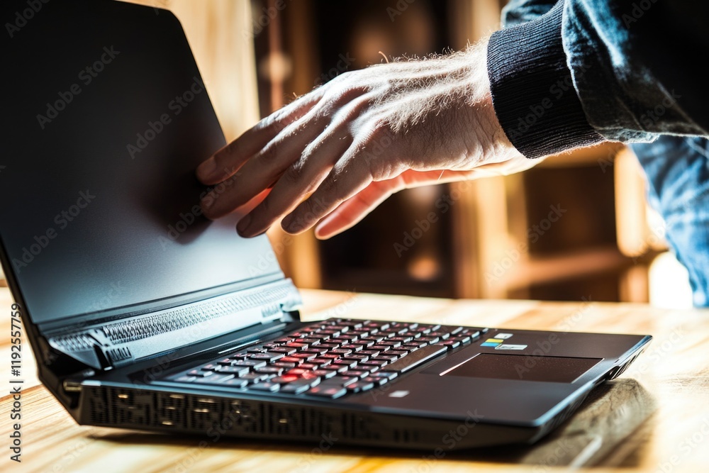 Poster Close-up of a person using a laptop computer on a table, focused on the screen