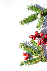 Festive arrangement of pine branches and red berries on a white background for holiday decoration ideas
