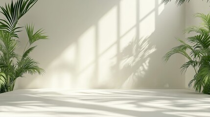 Fototapeta premium Simple white light beige background for product presentation. Light walls and floor with soft shadow and light from the window.