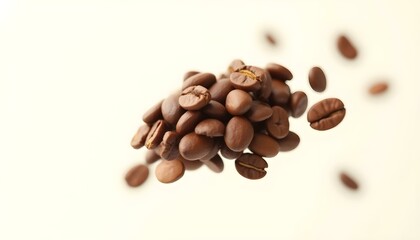 Naklejka premium Roasted coffee beans drift elegantly from the sky, conjuring a magical instant in a coffee enthusiast's fantasy