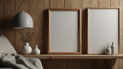 AI generative. 3d render of blank wood frame mockup design scandinavian style. Natural wood and light gray atmosphere. 8