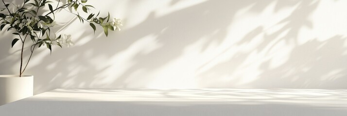 Simple white light beige background for product presentation. Light walls and floor with soft shadow and light from the window.