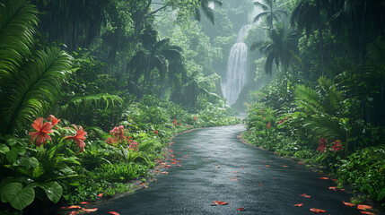 Rainy Road Through the Rainforest Tropical Nature Scene