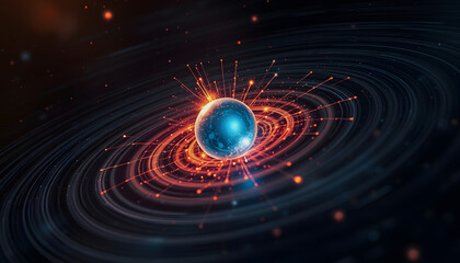 Obraz premium Subatomic quantum particle with spin and charge creating electromagnetic force field ripples in space, grunge, with white tones