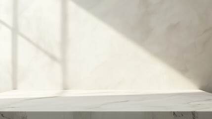 Simple white light beige background for product presentation. Light walls and floor with soft shadow and light from the window.