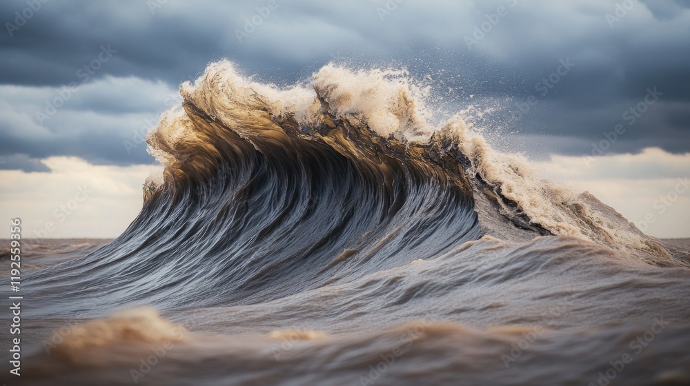 Poster a large wave breaks in the center of a body of water, with calm waters on either side