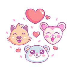 Cute cartoon animal faces surrounded by hearts, expressing joy and love.