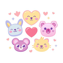 A colorful arrangement of cute animal faces and hearts, featuring a bunny, bear, koala, and cat, all with cheerful expressions.