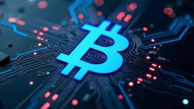 Blue bitcoin logo on a circuit board with connections, nodes and nodules