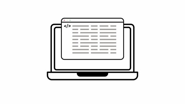Data coding in a laptop to work for business. Animated vector icon looping in white background 
