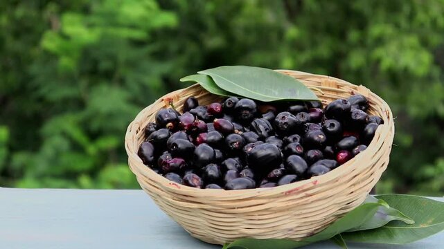 Jamun or Syzygium Cumini Fruit with Leaves in a Bamboo Basket on Wooden Background, Also Known as Java Plum, Malabar Plum, Black Plum or Jambolan