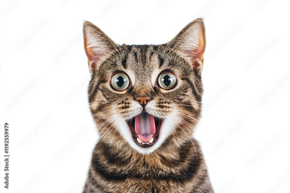 Poster close-up of a cat's face with its mouth open, suitable for use in animal or pet-related contexts
