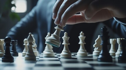 A man is playing chess and is about to move a piece