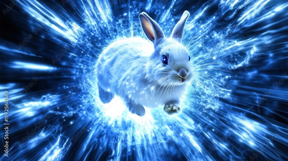 Sticker White rabbit running through a bright blue energy portal.