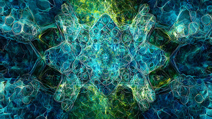 A digital abstract piece with glowing, interconnected hexagons in shades of blue and green, arranged in a futuristic and high-tech pattern 