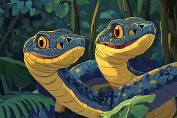 A vibrant illustration of a two-headed snake in a lush jungle setting.