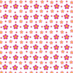 Bright seamless flower pattern with pink and magenta blooms on white, perfect for kids’ fabrics, kawaii designs, stationery, and cheerful decorative uses.