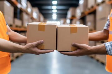 Two workers in orange vests exchange boxes in a warehouse, highlighting teamwork and logistics in a busy storage environment.