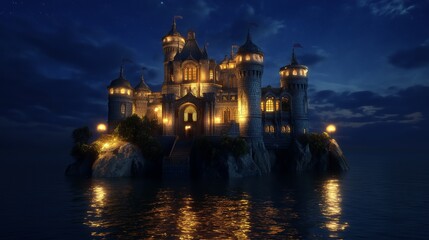 Fototapeta premium Mysterious illuminated castle reflects in waters near a rocky shore at dusk in a serene landscape