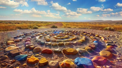 Obraz premium A vibrant stone labyrinth made of colorful stones, lying alone in a large open field.