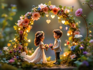 Romantic wedding scene with bride and groom figurines in floral setting