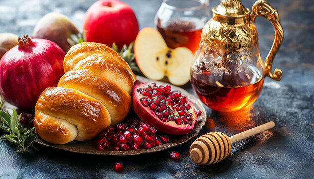Challah, honey, apple and pomegranate and wine and chelnt with dried fruits on the table with menorah in honor of Rosh Hashanah